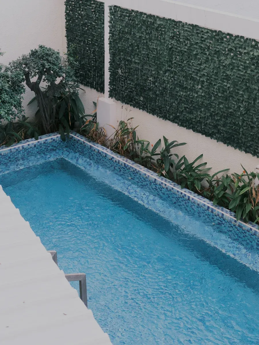 Narrow mosaic-tiled swimming pool in a white courtyard with green wall panels